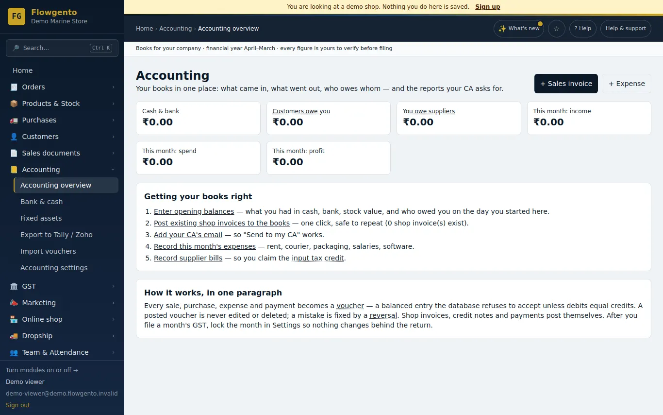 The accounting overview in the demo seller panel