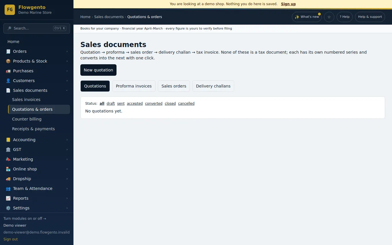 B2B sales documents in the demo seller panel