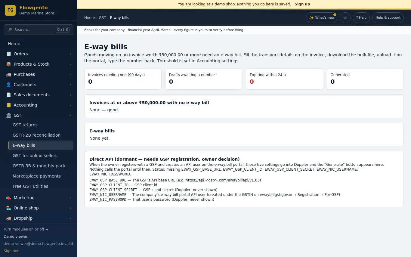 The e-way bill list in the demo seller panel