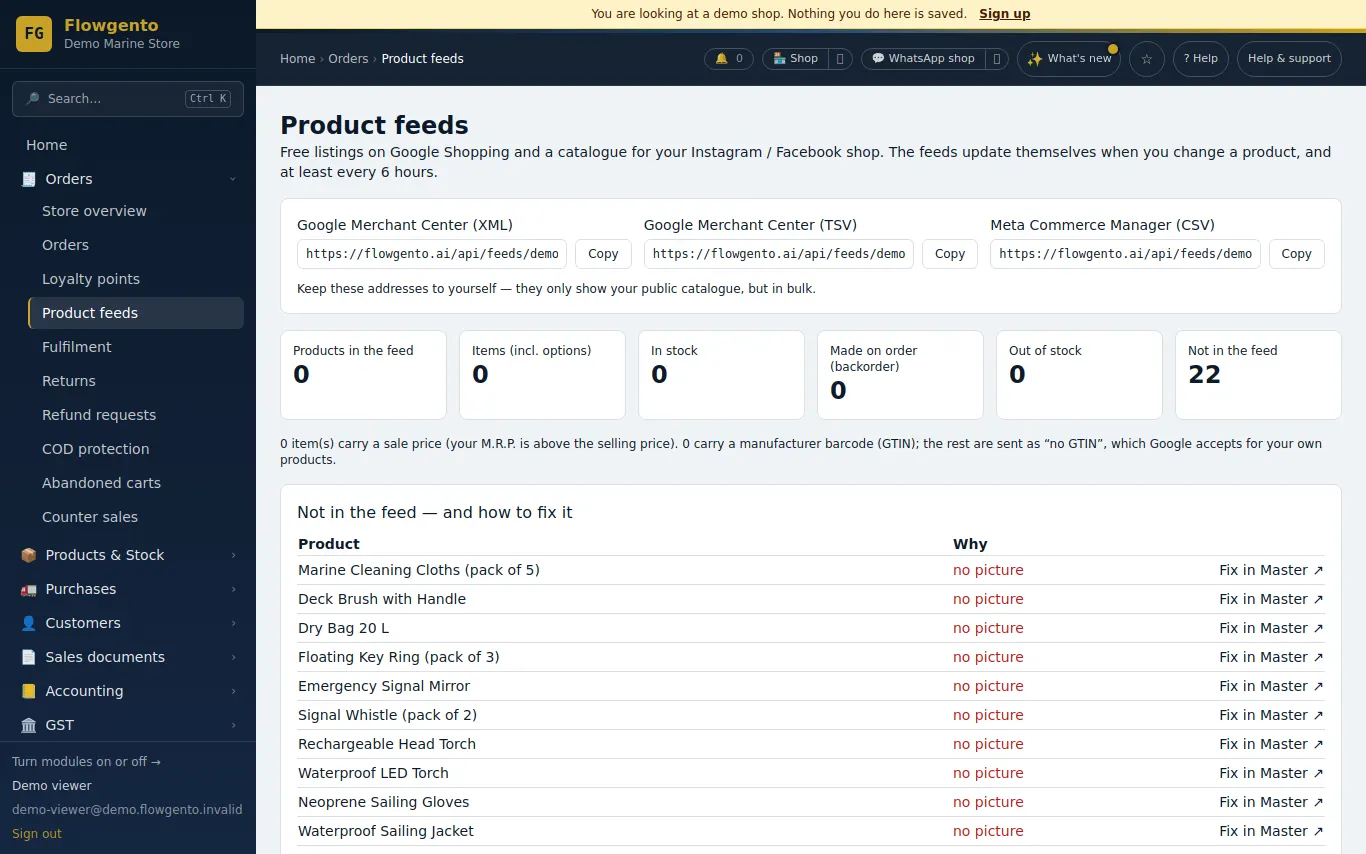Product feed links for Google Merchant Center and Meta Commerce