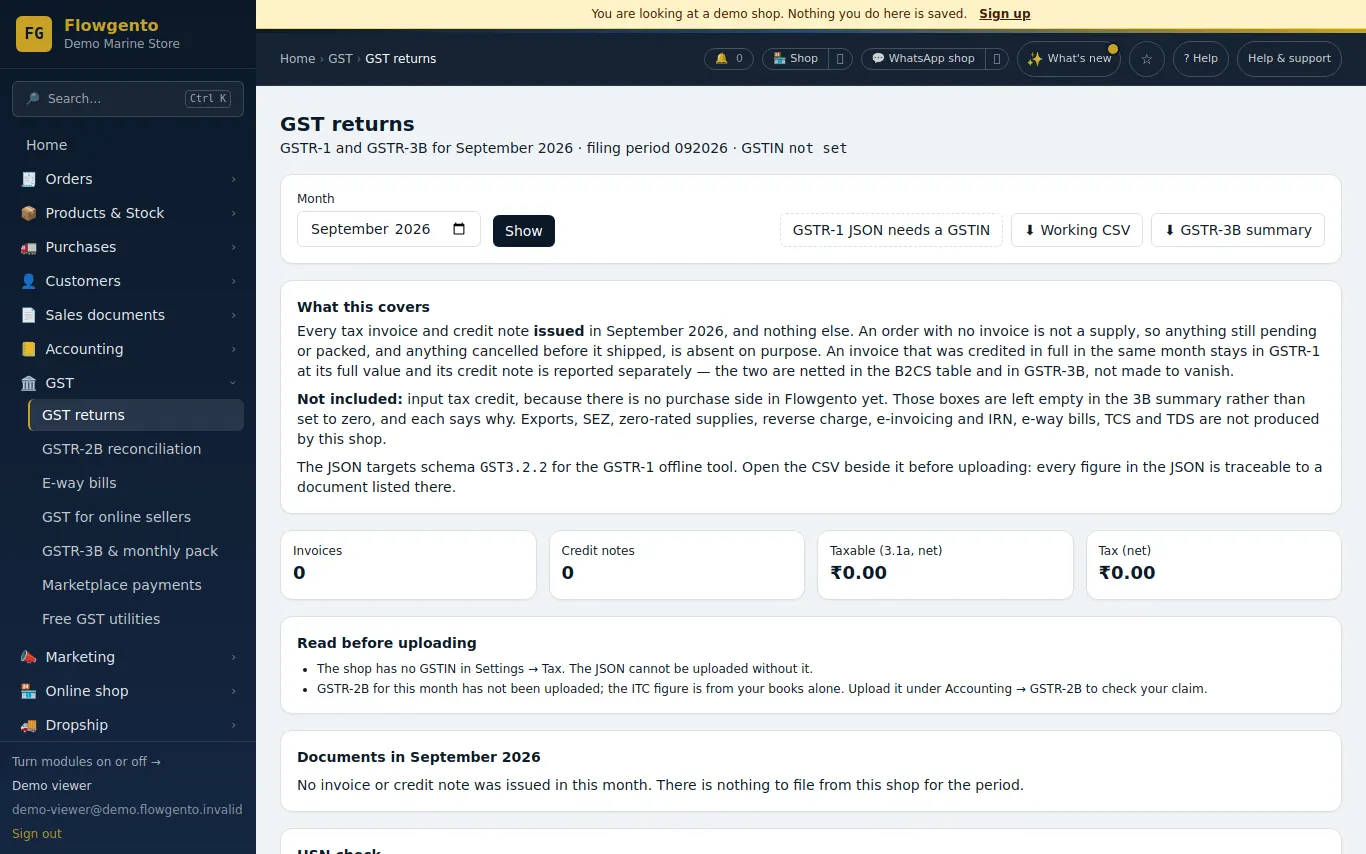 GSTR-1 and GSTR-3B for a month in the demo seller panel