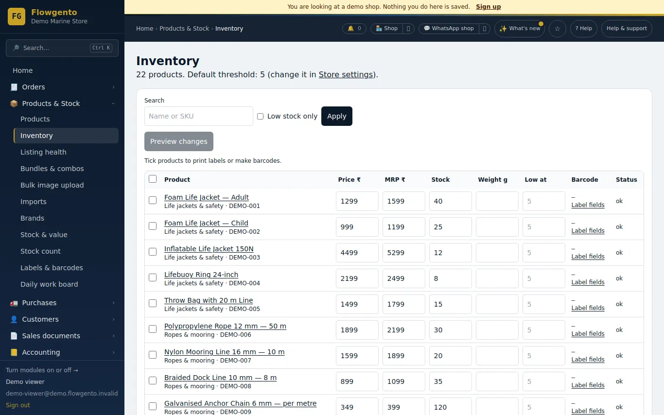 The inventory table in the demo seller panel