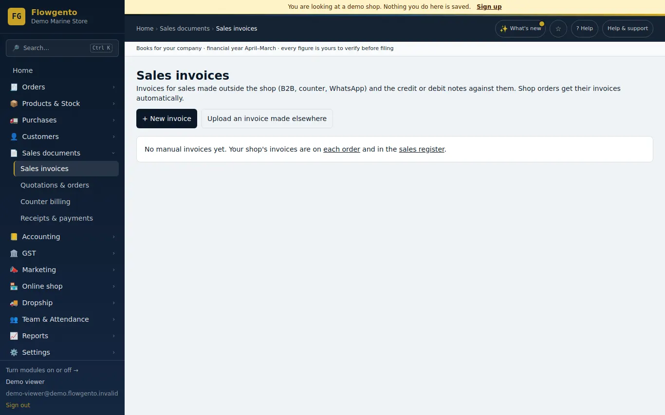 The list of GST sales invoices in the demo seller panel