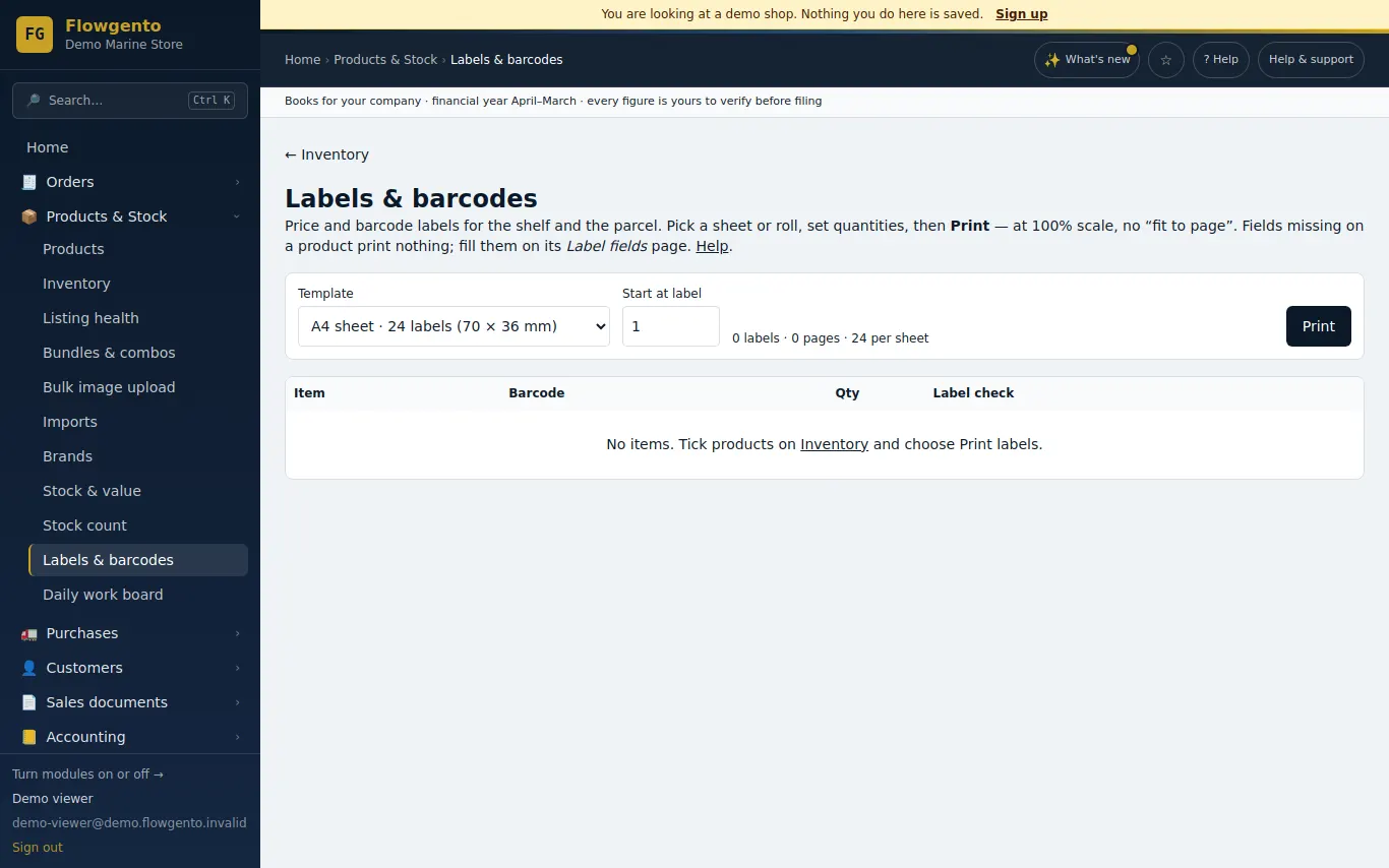 Barcode and price labels ready to print on an A4 label sheet