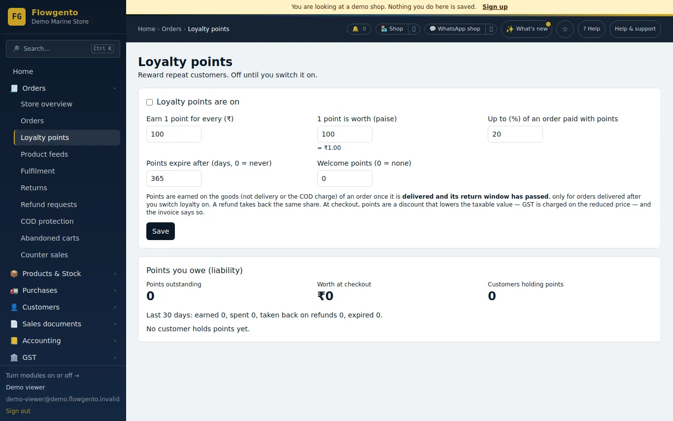 Loyalty points settings and the points owed to customers