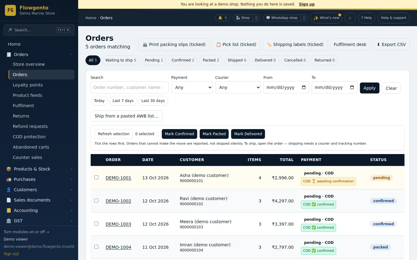 The orders list in the demo seller panel