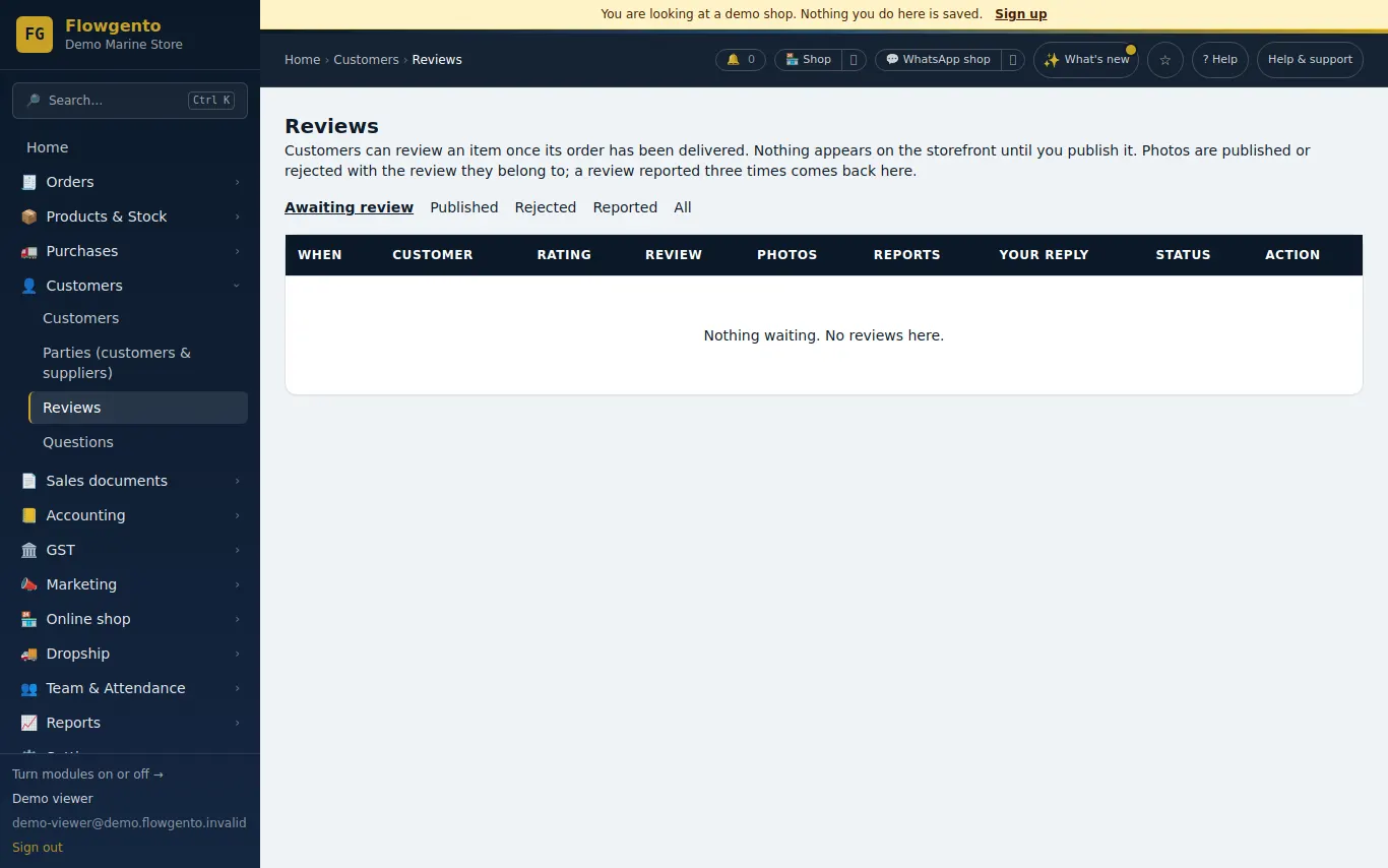 The review moderation queue in the demo seller panel