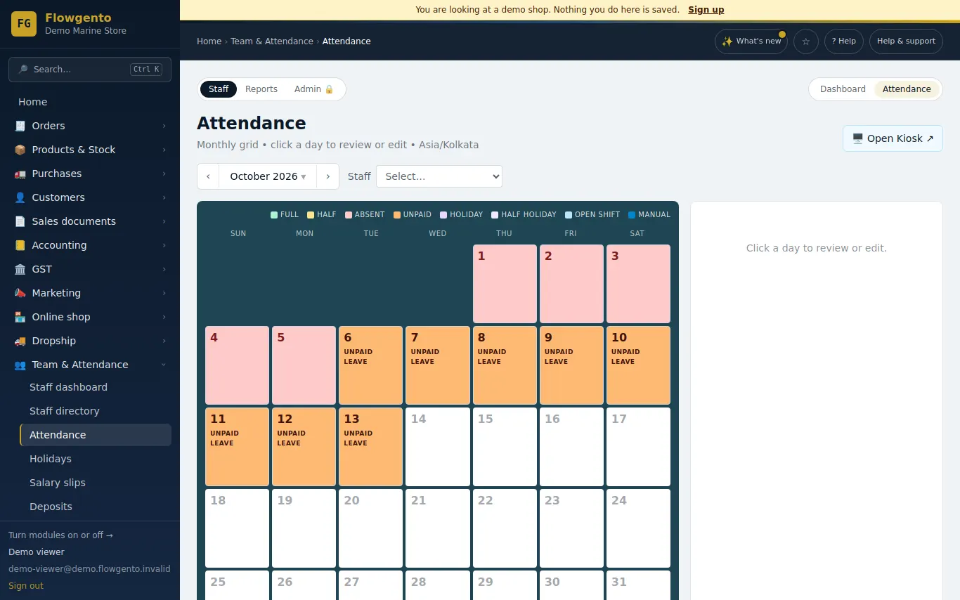Staff attendance in the demo seller panel