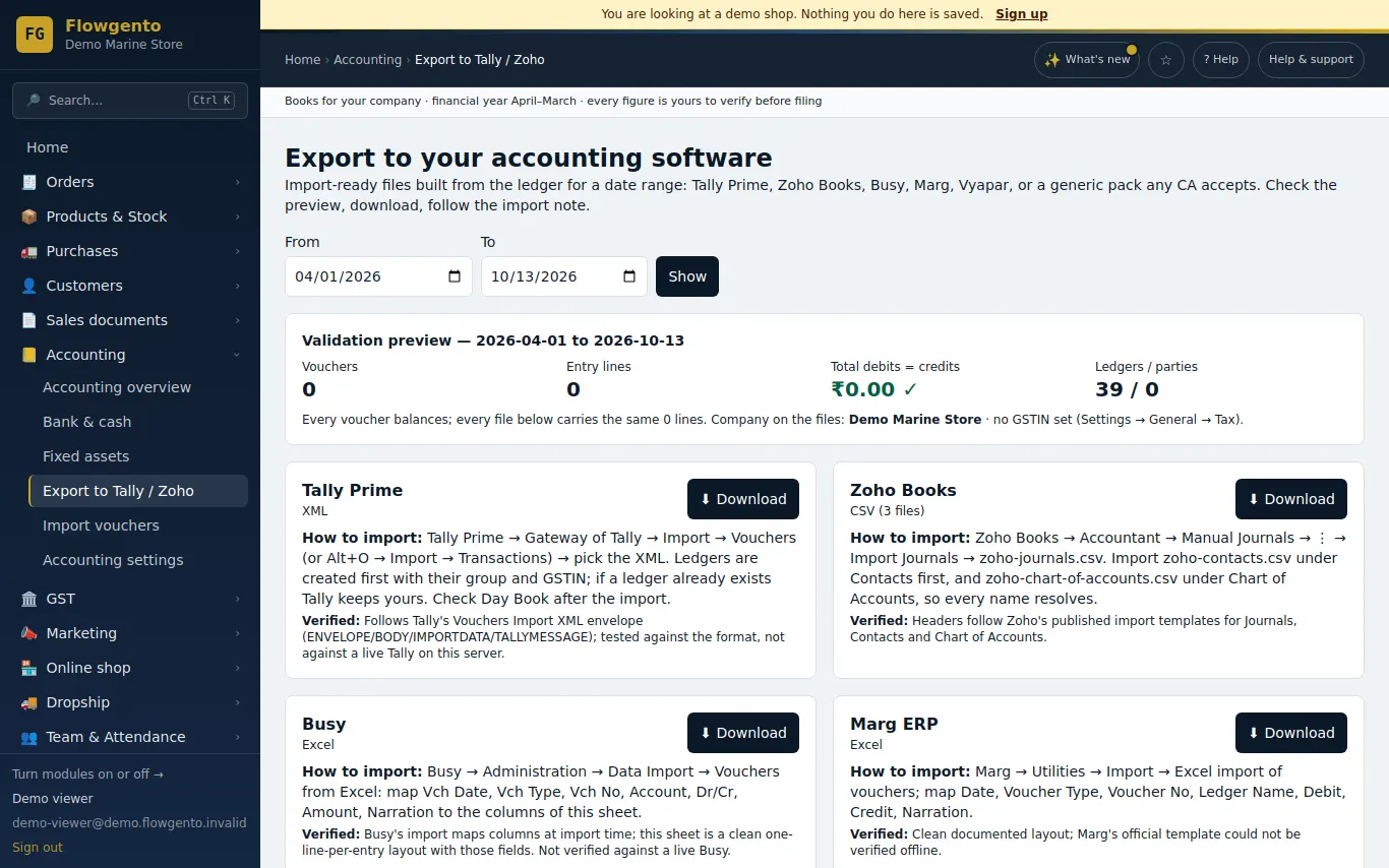 Exporting the books for Tally, Zoho, Busy, Marg or Vyapar