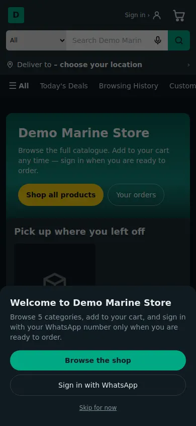 The WhatsApp-styled demo shop on a phone